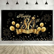Happy 80th Birthday Decoration Banner Backdrop Party Decoration, Black Gold 80 Birthday Banner Sign Poster for 80th Anniversary Photo Booth Props Background Birthday Party Supplies